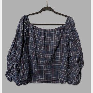 Petersyn Hannah Plaid Tartan Off Shoulder Cotton Navy Balloon Sleeve Blouse LRG